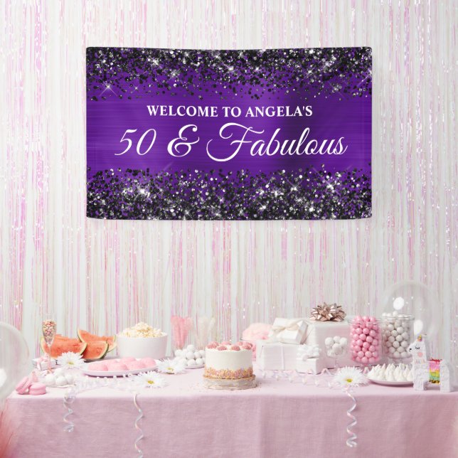 Black Glitter Indigo Purple 50 & Fabulous Birthday Banner (Party)