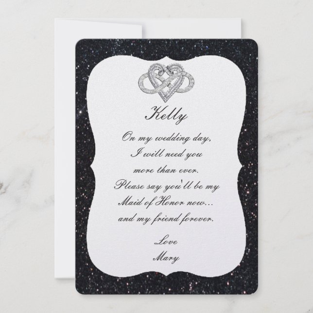 Black Glitter Infinity Heart Maid Of Honor Card (Front)