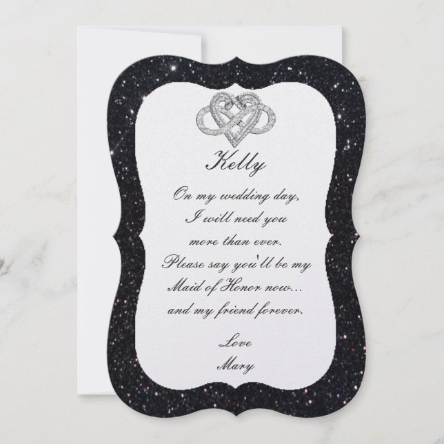 Black Glitter Infinity Heart Maid Of Honor Card (Front)