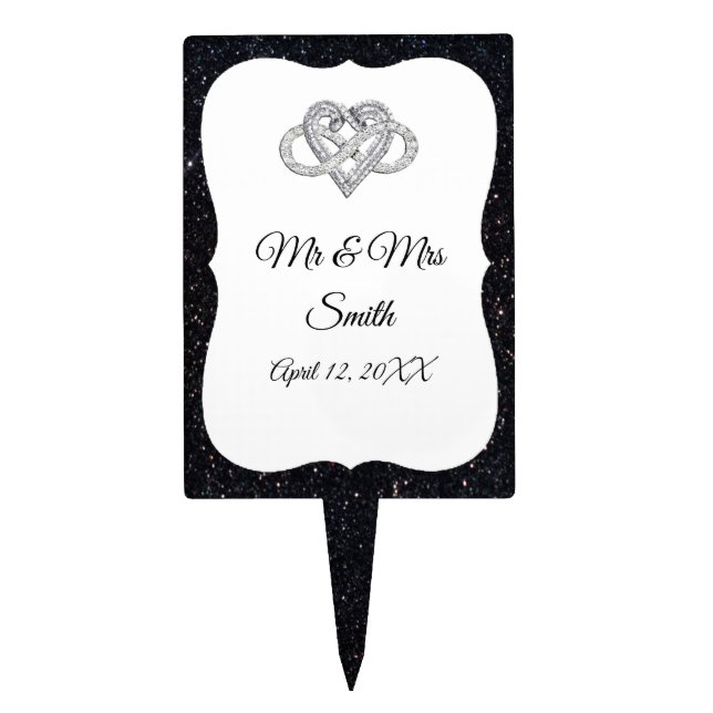 Black Glitter Infinity Heart Wedding Cake Topper (Front)