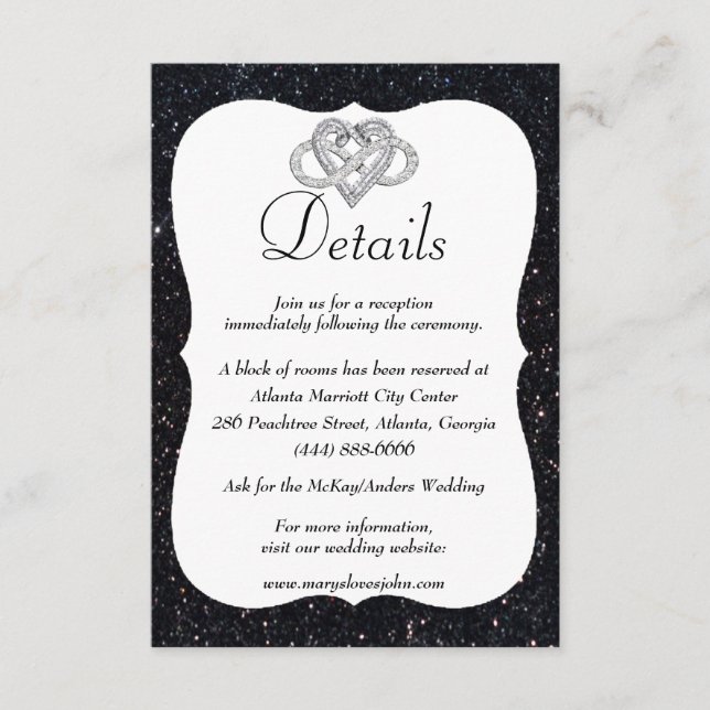 Black Glitter Infinity Heart Wedding Details Enclosure Card (Front)