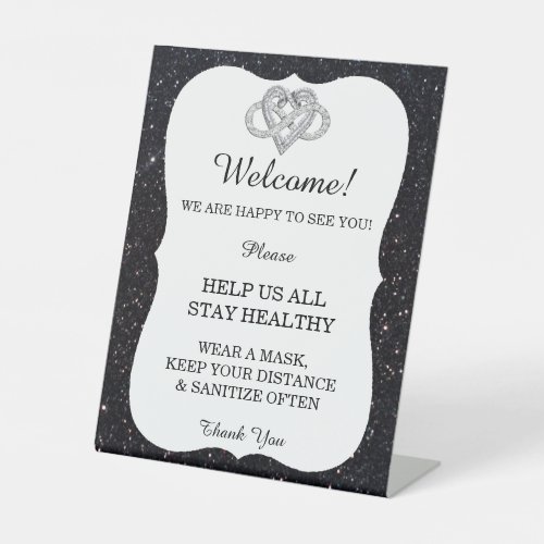 Black Glitter Infinity Heart Wedding Safety  Pedestal Sign