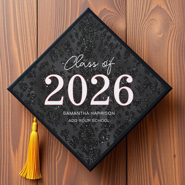 Black Glitter Leopard Print Class of Graduation Cap Topper (Creator Uploaded)