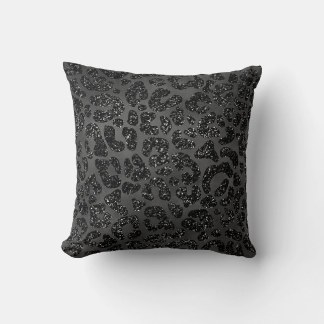 Black Glitter Leopard  Print Throw Pillow (Front)