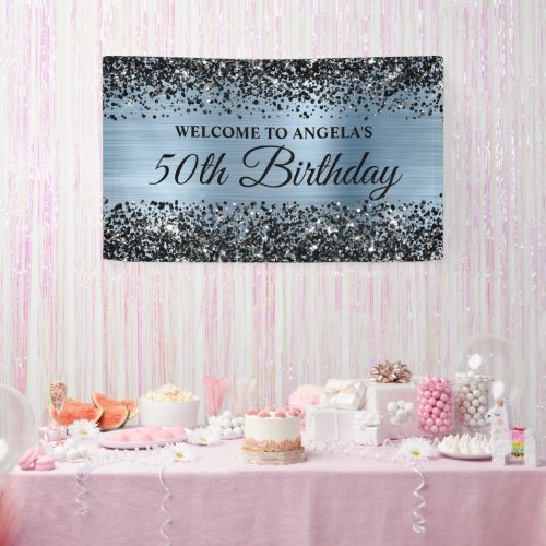 Black Glitter Light Blue 50th Birthday Welcome Banner