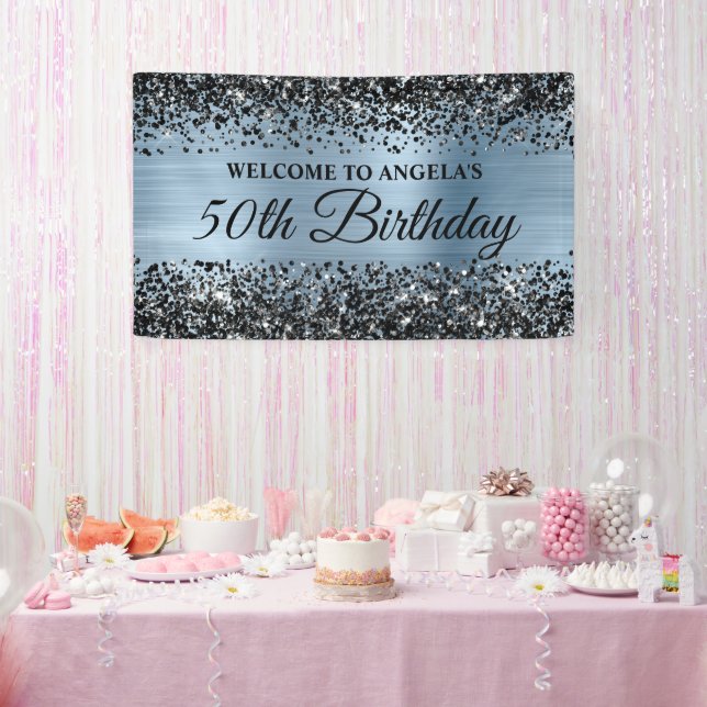 Black Glitter Light Blue 50th Birthday Welcome Banner (Party)