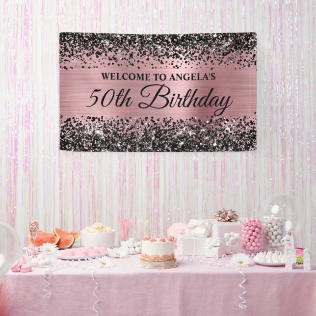Black Glitter Light Pink 50th Birthday Welcome Banner (Party)