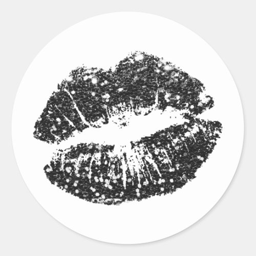 Black Glitter Lips Classic Round Sticker