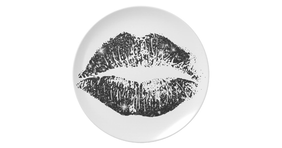 Black Glitter Lips Dinner Plate
