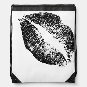 Black Glitter Lips Drawstring Bag