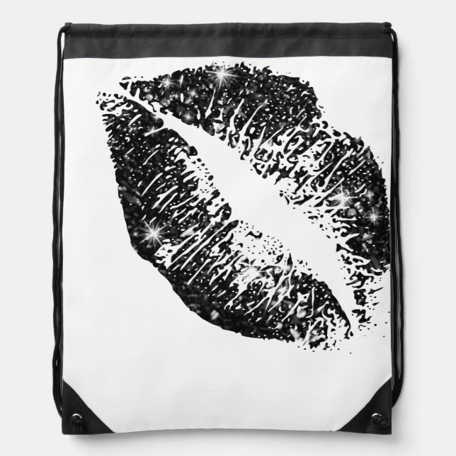 Black Glitter Lips Drawstring Bag (Front)