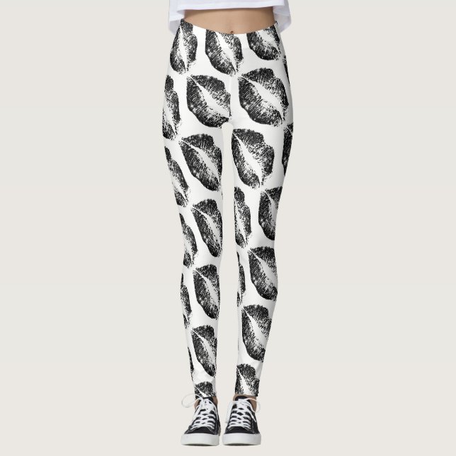 Black Glitter Lips Modern White Leggings (Front)