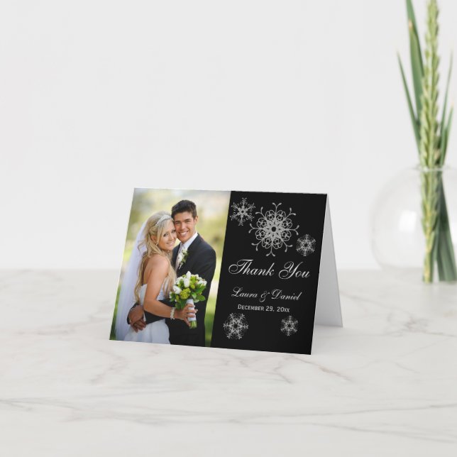 Black, Glitter LOOK Snowflake Photo Thank You Card (Front)