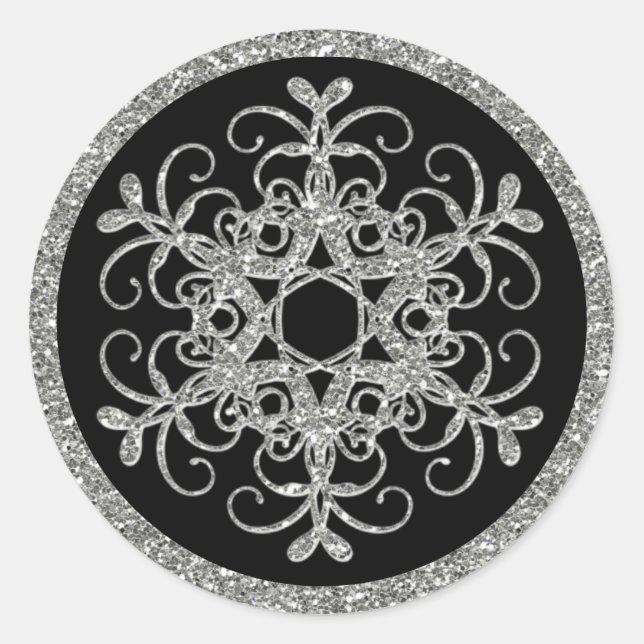 Black, Glitter LOOK Snowflake Wedding Sticker (Front)