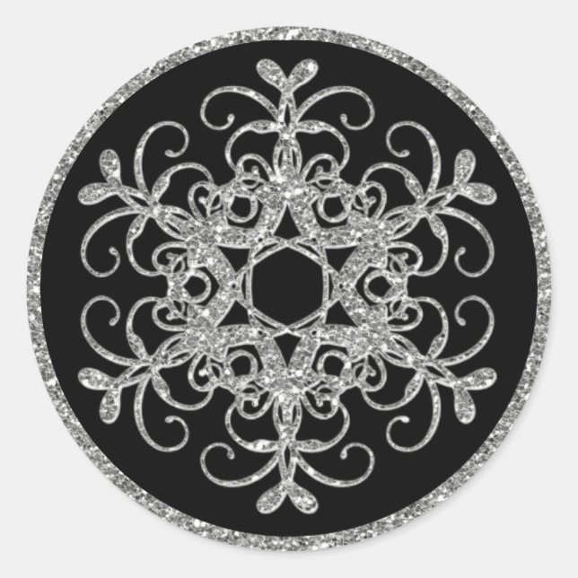 Black, Glitter LOOK Snowflake Wedding Sticker (Front)