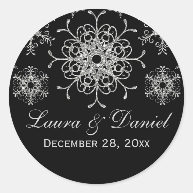 Black, Glitter LOOK Snowflake Wedding Sticker (Front)