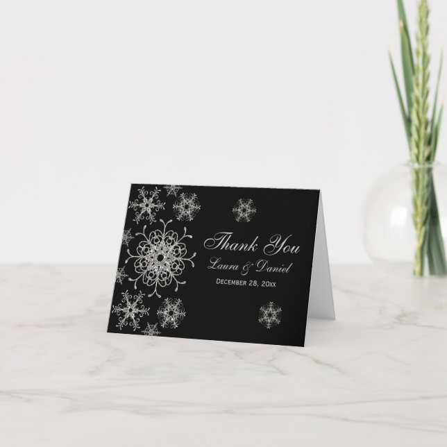 Black, Glitter LOOK Snowflakes Thank You Card (Front)