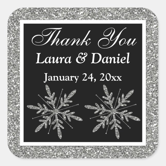 Black, Glitter LOOK Snowflakes Wedding Sticker (Front)