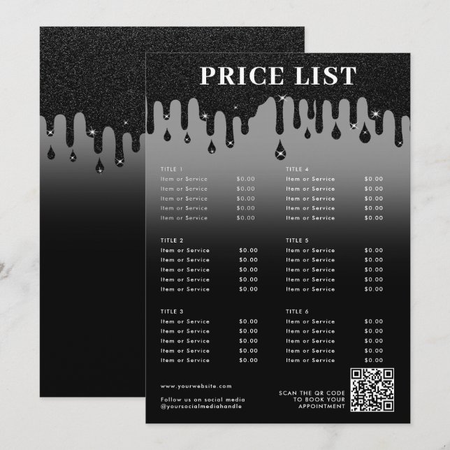 Black Glitter Minimalist Beauty Price List Menu  (Front/Back)