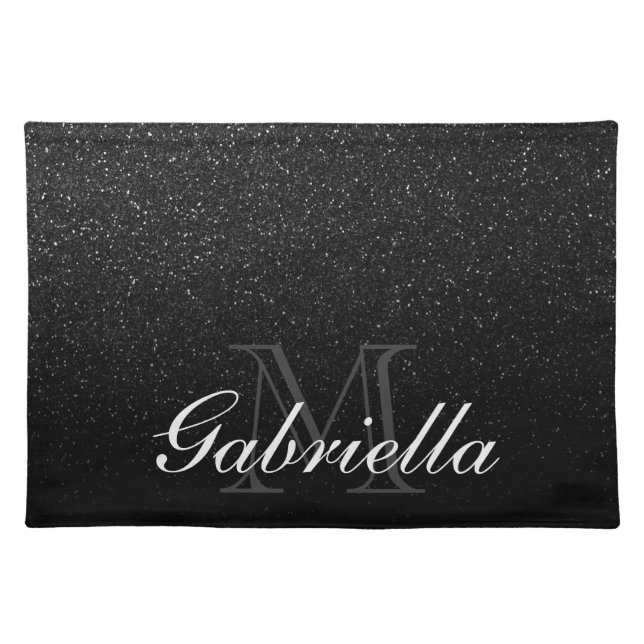 Black Glitter Monogram Cloth Placemat (Front)
