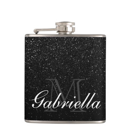 Black Glitter Monogram Flask