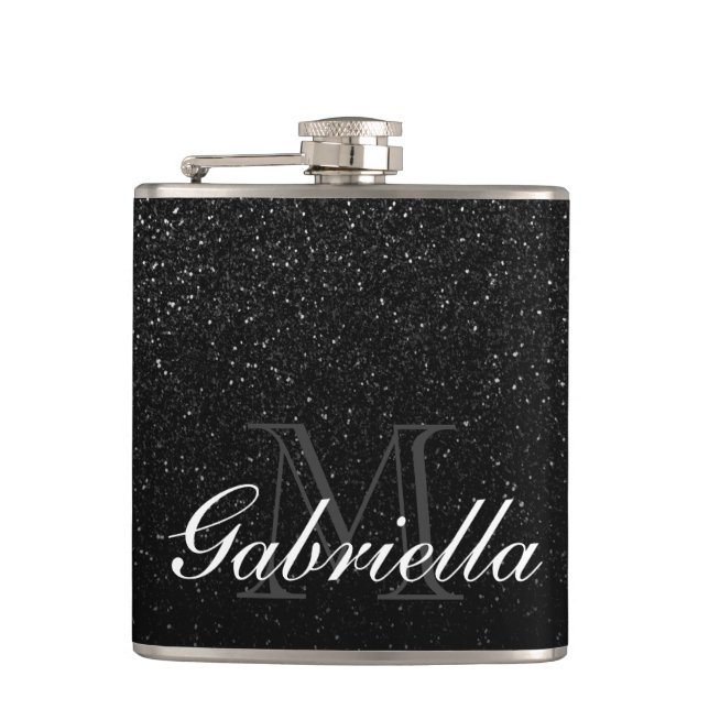 Black Glitter Monogram Flask (Front)