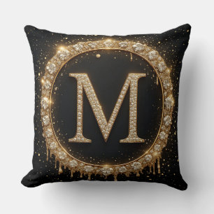 Black Glitter Monogram Letter M For Minimal Style Throw Pillow