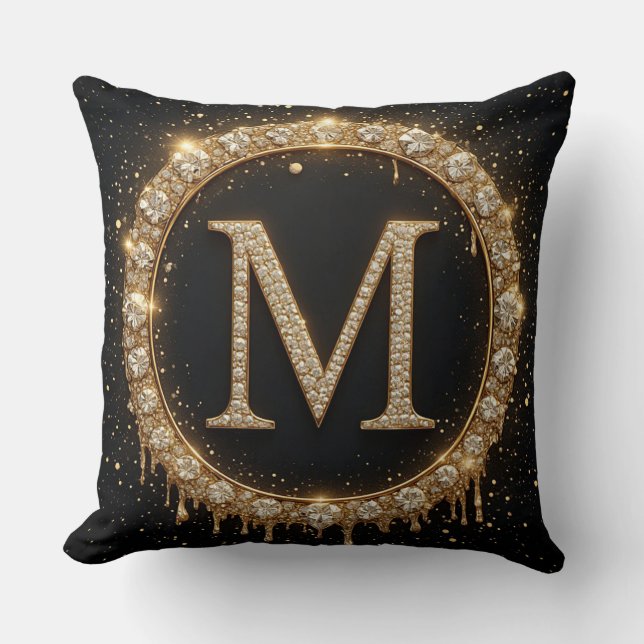 Black Glitter Monogram Letter M For Minimal Style Throw Pillow (Front)