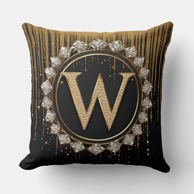 Black Glitter Monogram Letter W For Wedding Invite Throw Pillow (Front)