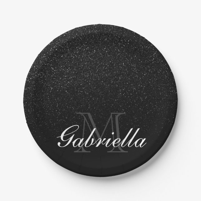 Black Glitter Monogram Paper Plates (Front)
