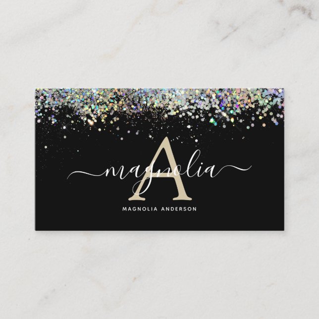 Black Glitter Monogram Sparkle Business Card (Front)
