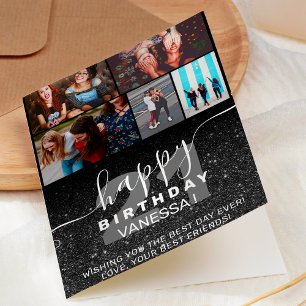 Black glitter ombre chic birthday photos grid card