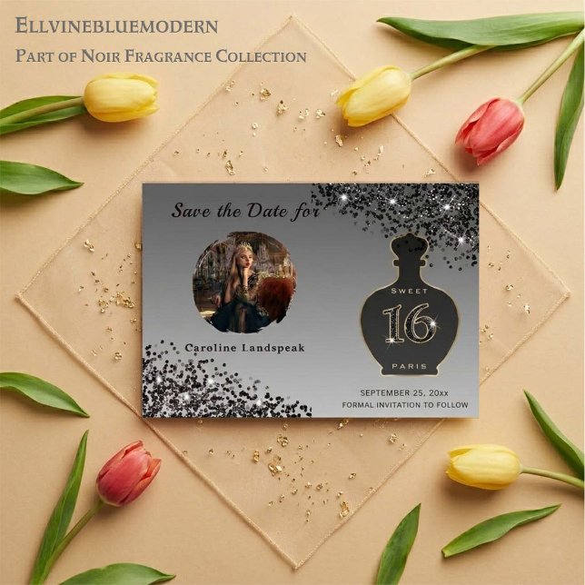 Black Glitter Paris Fragrance Studio Sweet 16 Save The Date (Sparkling Black & Gold elegance for your Sweet 16!
Shop our Noir Fragrance Collection.
)