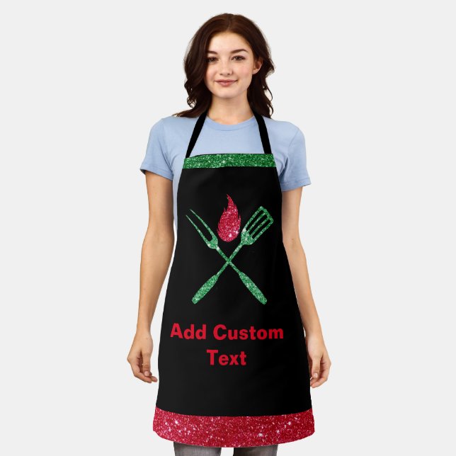 Black  Glitter Personalized Christmas Red Green Apron (Worn)