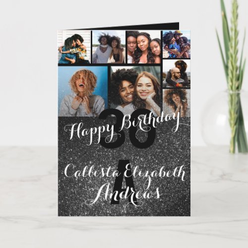 Black Glitter Photo Collage Happy Birthday Card