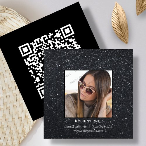 Black Glitter  Photo  Social Media QR Code   Square Business Card
