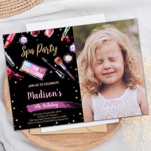 Black Glitter Photo Spa Birthday Invitations