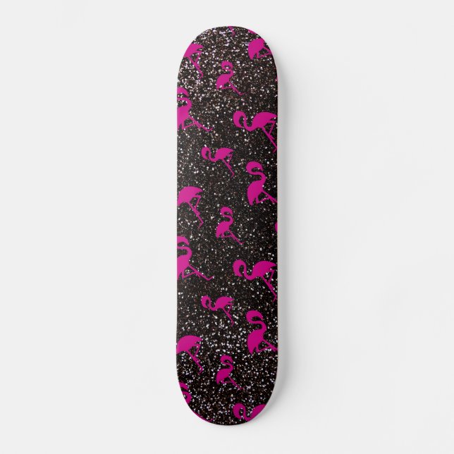 Black glitter pink flamingo skateboard deck (Front)