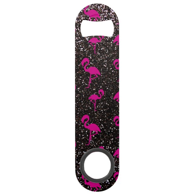 Black glitter pink flamingo speed bottle opener (Front)