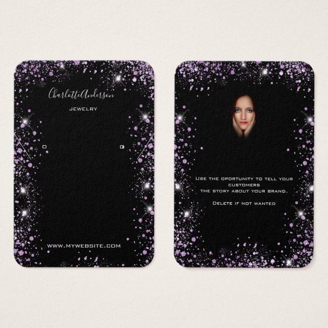Black glitter purple earrings photo display card (Front & Back)