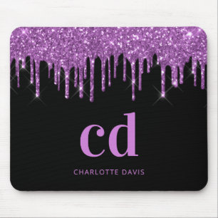 Black glitter purple pink monogram initials mouse pad