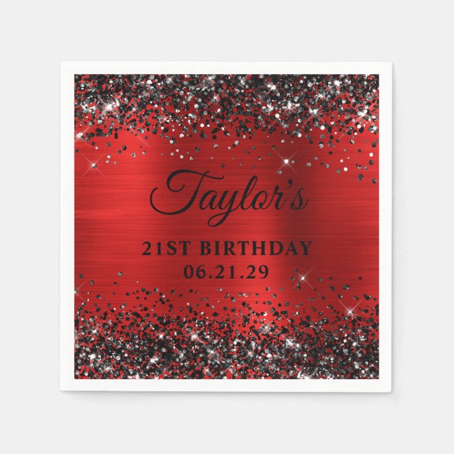 Black Glitter Red Foil 21st Birthday Napkins (Front)