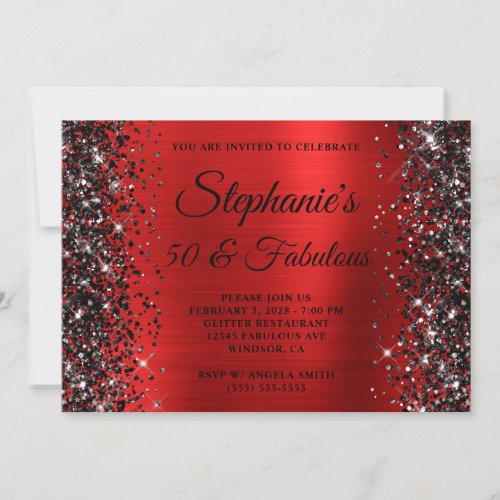 Black Glitter Red Foil 50 and Fabulous Birthday Invitation