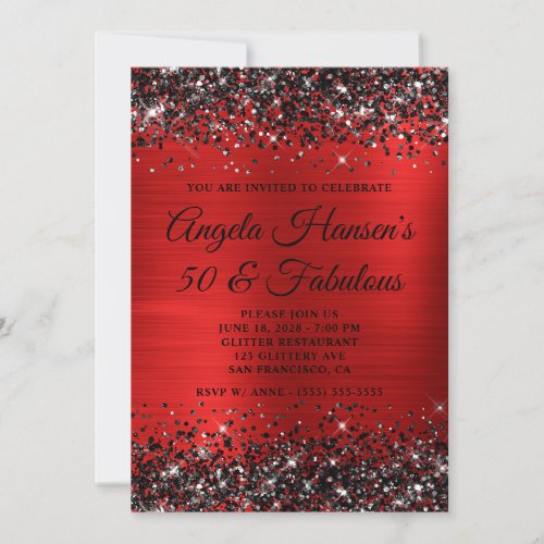 Black Glitter Red Foil 50 and Fabulous Birthday Invitation