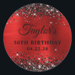 Black Glitter Red Foil 50th Birthday Classic Round Sticker<br><div class="desc">Create your own 50th birthday party decorative classic round stickers or envelope seals.
Girly faux sparkly black glitter over a faux red brushed metal style foil.
Customize the font styles to create your own for her special milestone celebration.
A classic elegant calligraphy paired with an all caps serif font.</div>