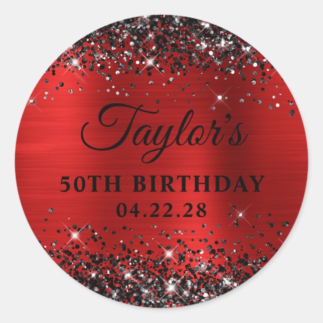 Black Glitter Red Foil 50th Birthday Classic Round Sticker (Front)