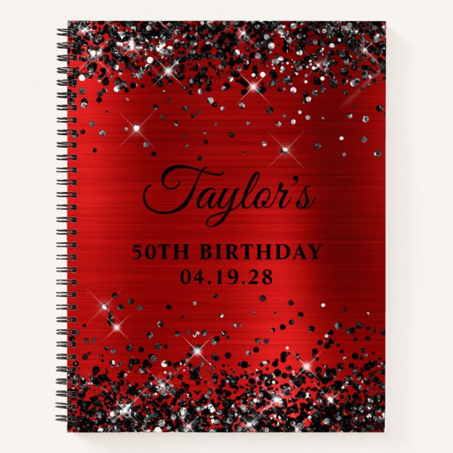 Black Glitter Red Foil 50th Birthday Guest Notebook (Front)