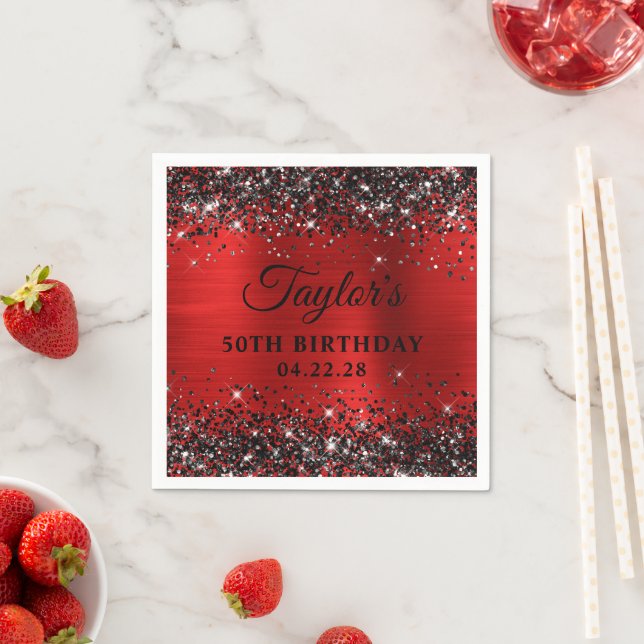 Black Glitter Red Foil 50th Birthday Napkins (Insitu)