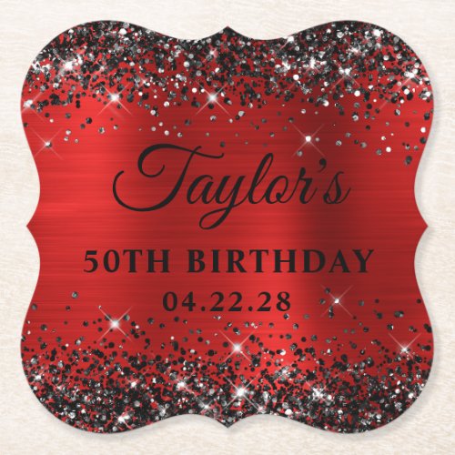 Black Glitter Red Foil 50th Birthday Paper Coaster