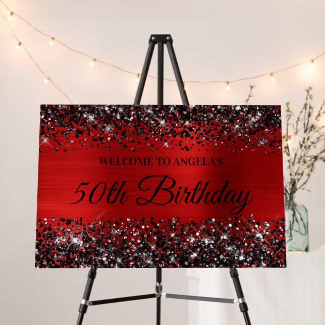 Black Glitter Red Foil 50th Birthday Welcome Foam Board (In Situ (Stand))